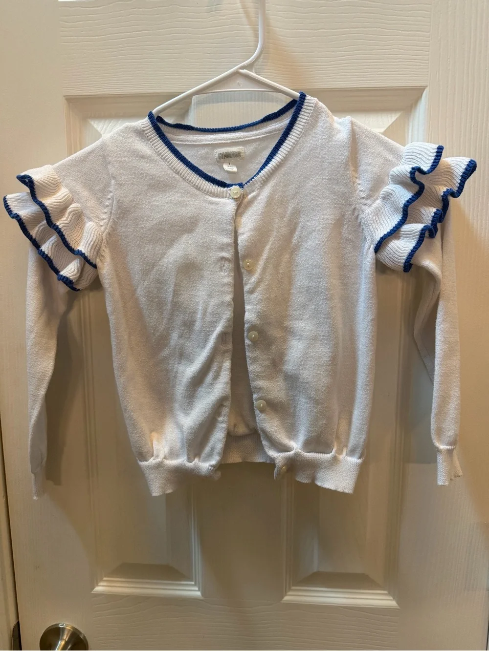 Gymboree White Cardigan with Blue Trim and Ruffle Sleeves size 5